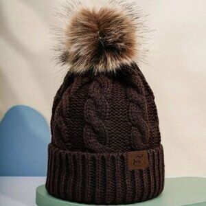 POM- POM RIB-KNIT BEANIE HAT-NEW-BLACK